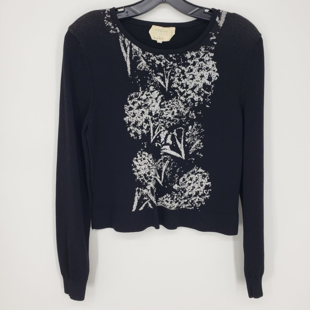 Nicole‎ Miller Artelier Abstract Floral Sweater S Pullover Black White